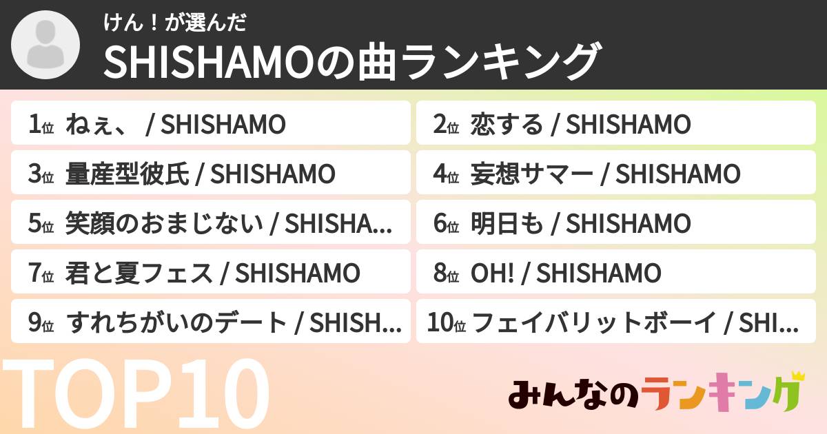 けん！さんの「SHISHAMOの曲ランキング」