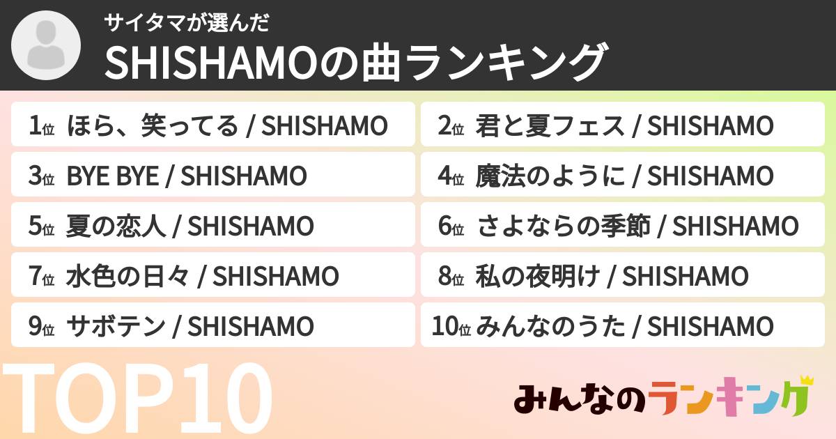サイタマさんの「SHISHAMOの曲ランキング」