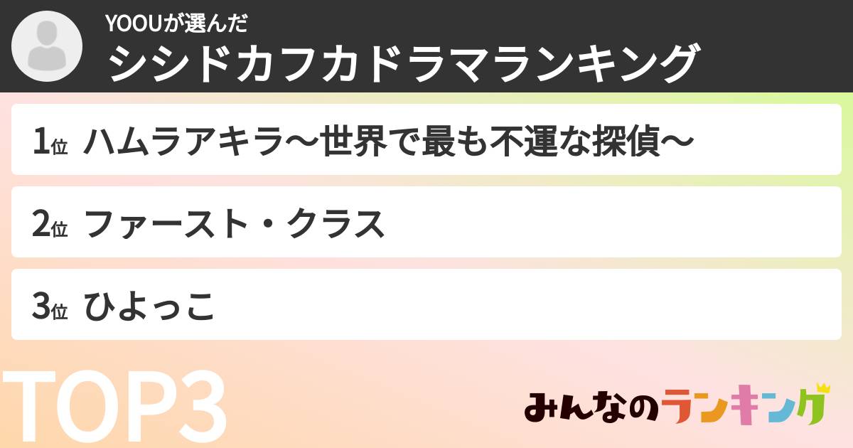 YOOUさんの「シシドカフカドラマランキング」