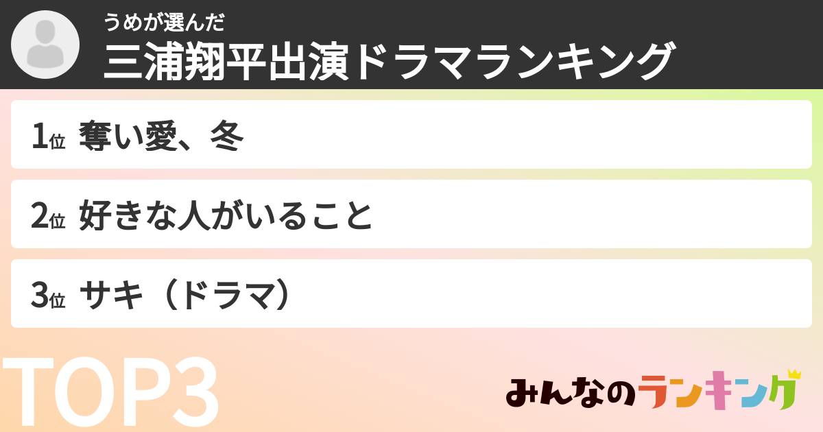 うめさんの「三浦翔平出演ドラマランキング」