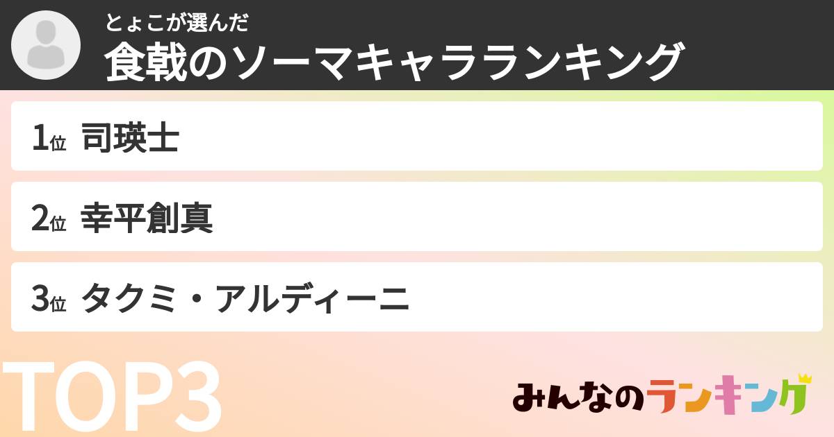 とょこさんの「食戟のソーマキャラランキング」