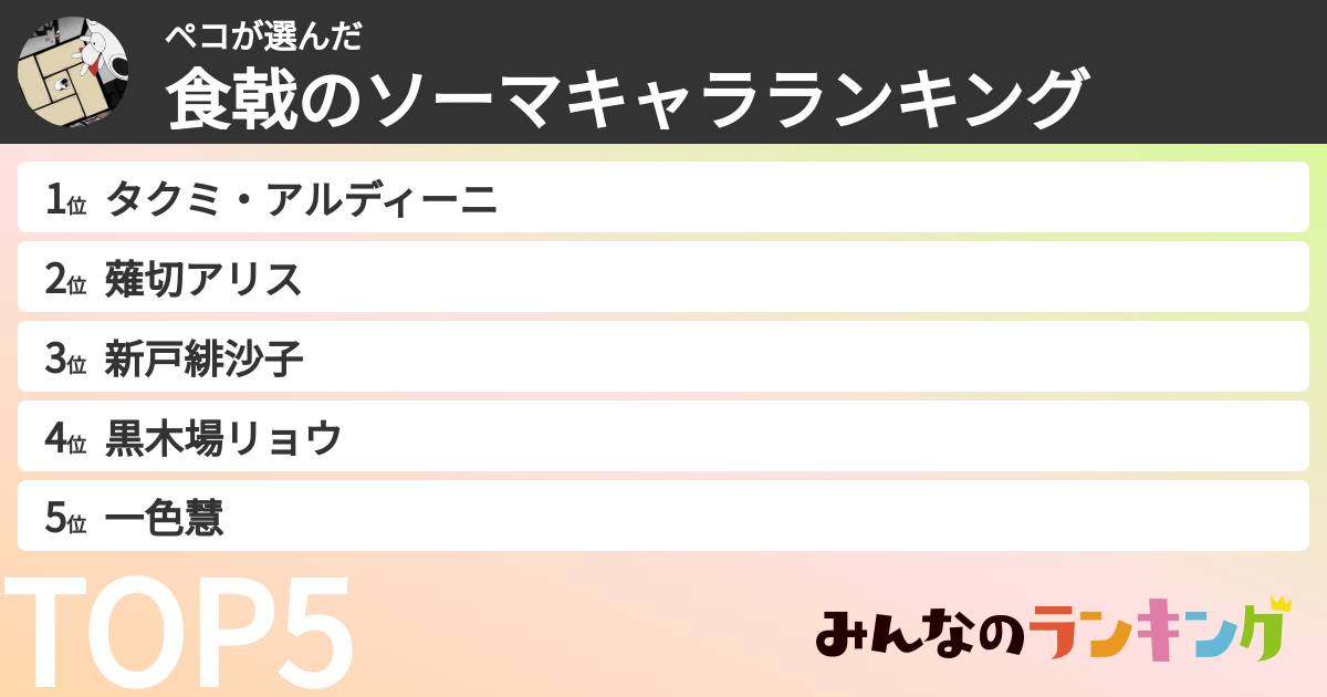 ペコさんの「食戟のソーマキャラランキング」