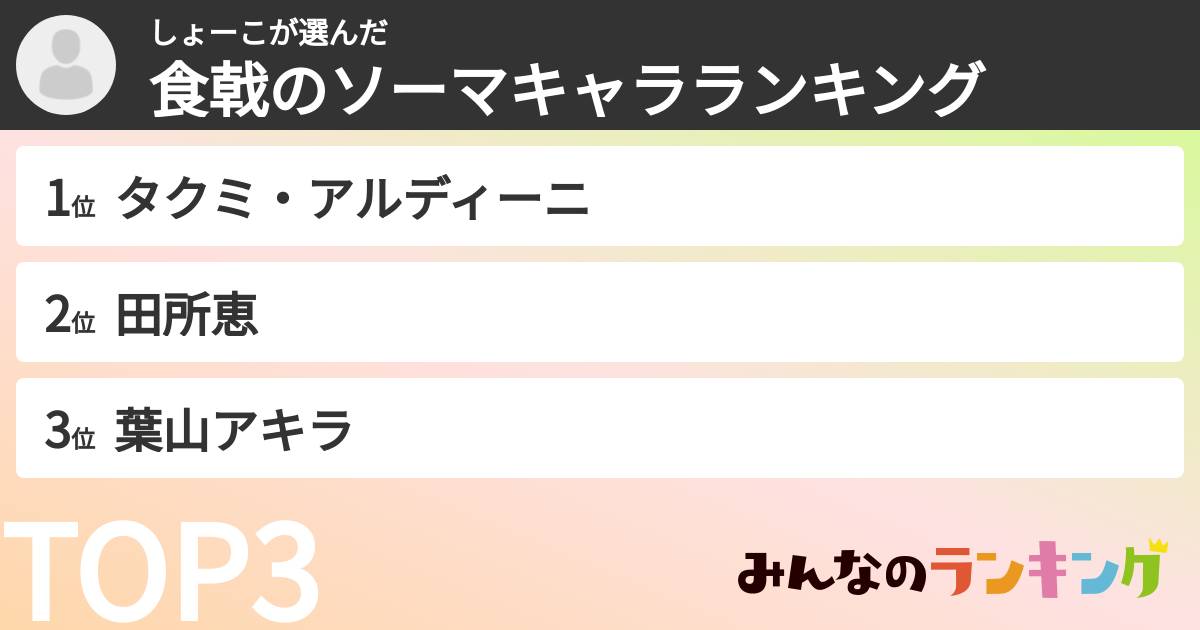 しょーこさんの「食戟のソーマキャラランキング」