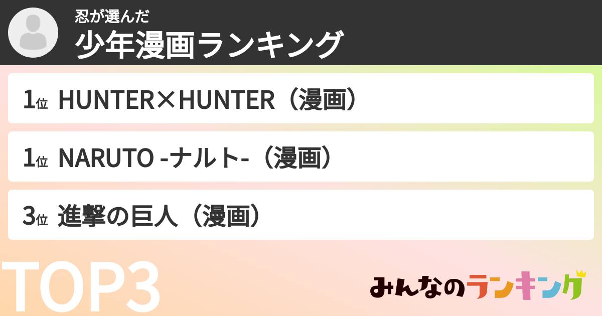 忍さんの「少年漫画ランキング」
