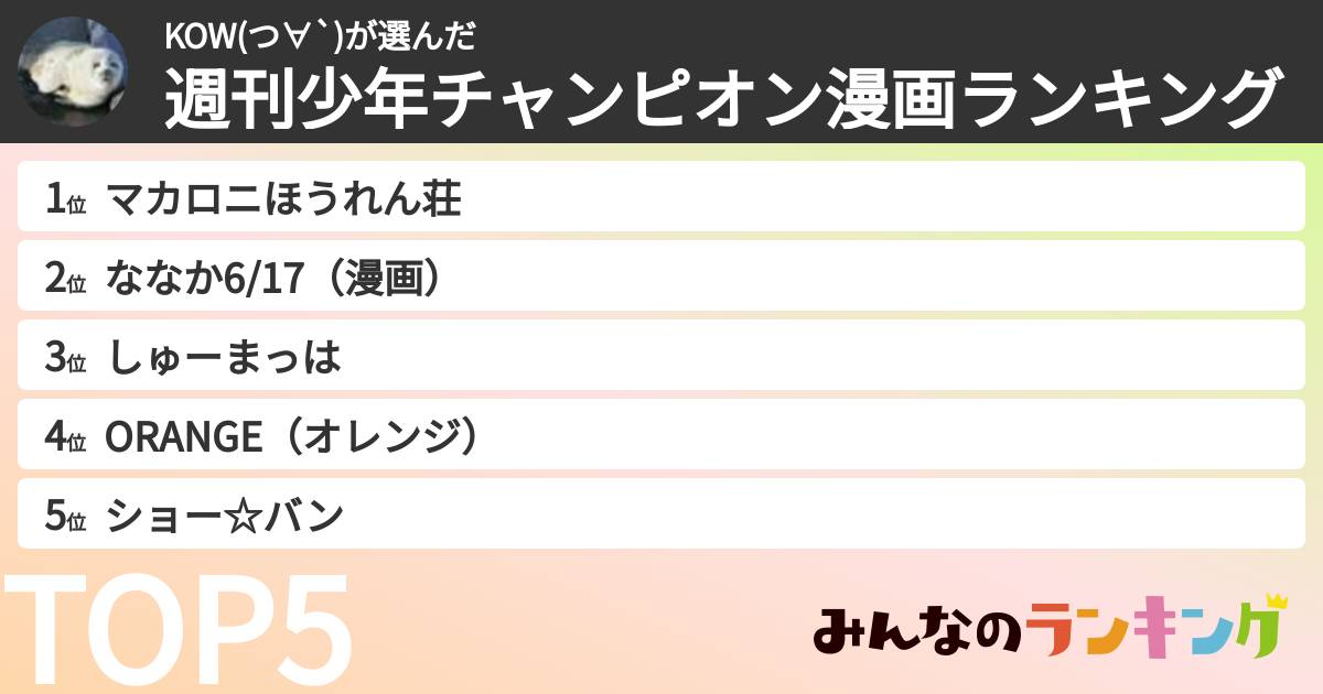 KOW(つ∀`)さんの「週刊少年チャンピオン漫画ランキング」