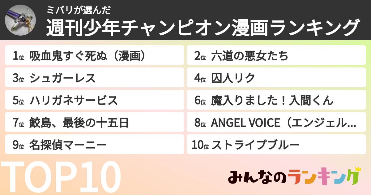 ミバリさんの「週刊少年チャンピオン漫画ランキング」