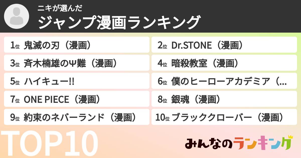 ニキさんの「ジャンプ漫画ランキング」