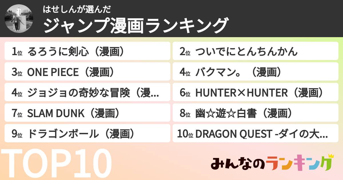 はせしんさんの「ジャンプ漫画ランキング」
