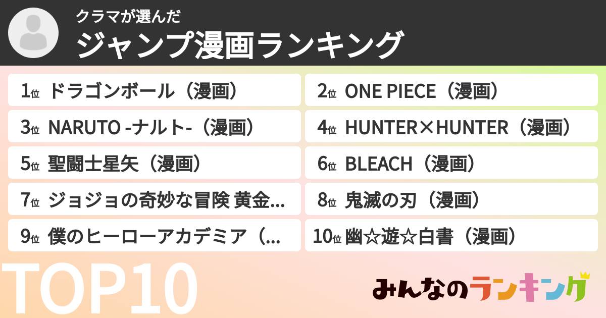 クラマさんの「ジャンプ漫画ランキング」