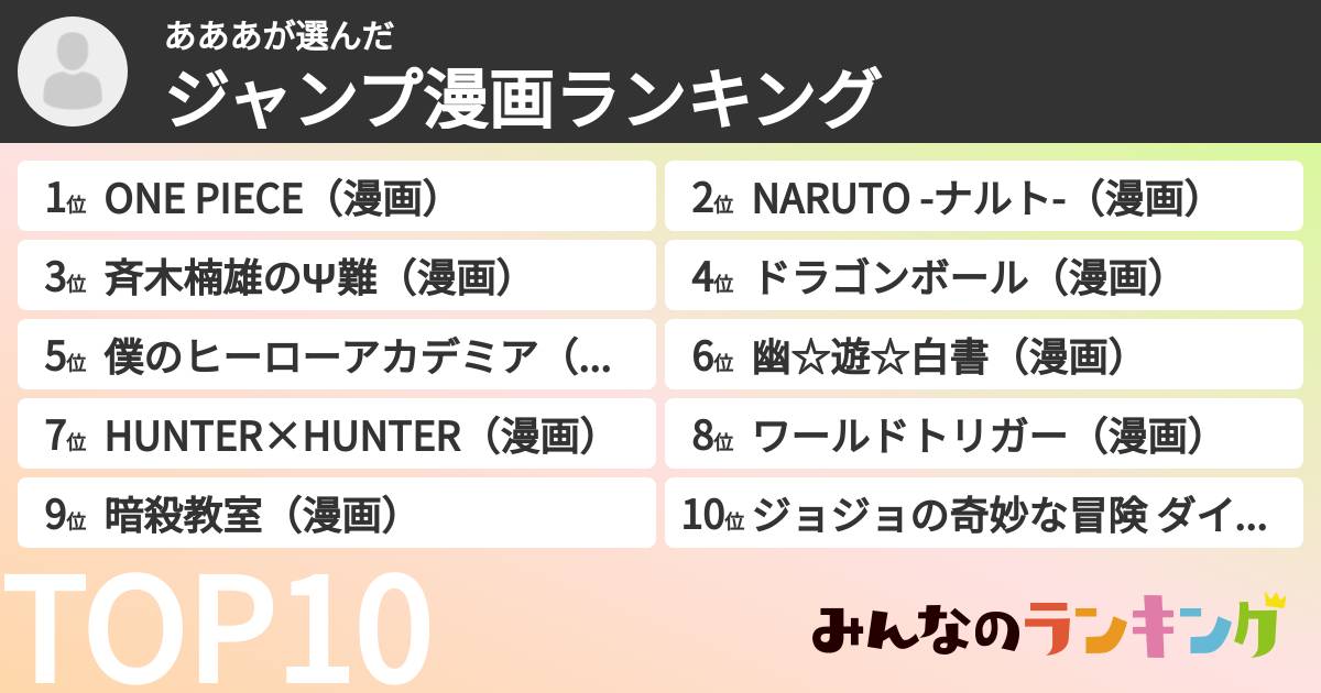あああさんの「ジャンプ漫画ランキング」