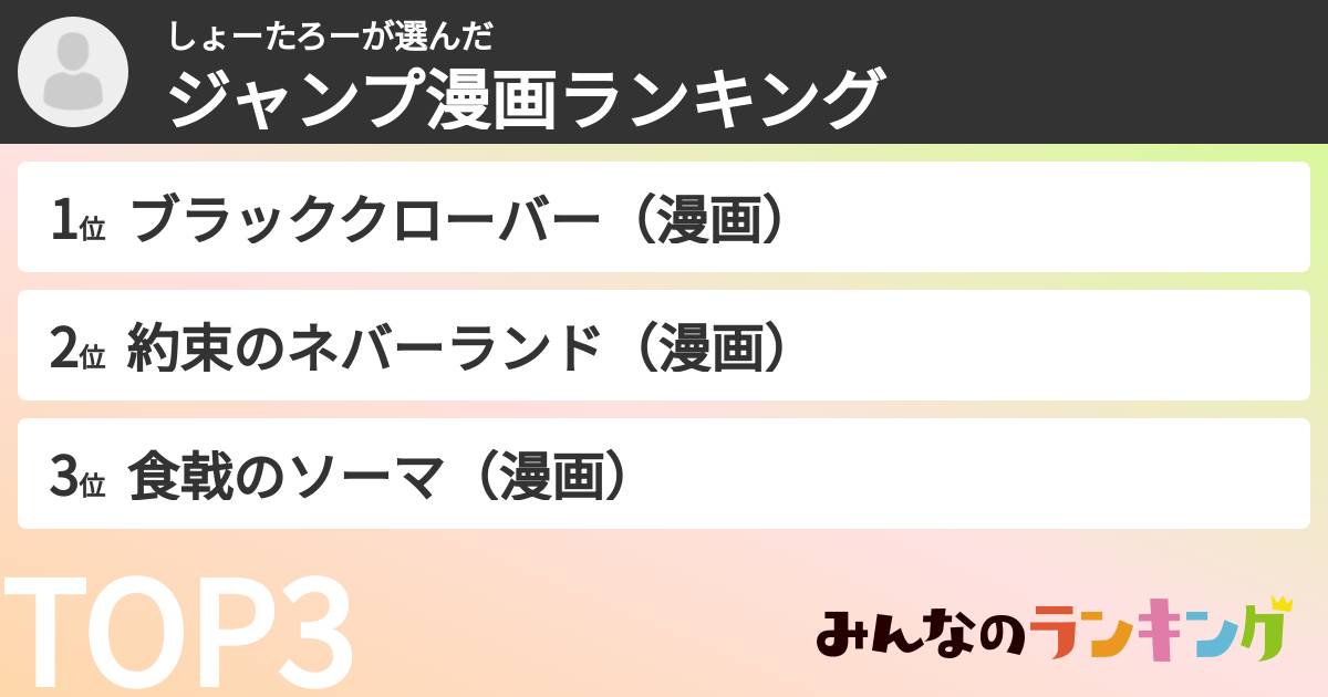 しょーたろーさんの「ジャンプ漫画ランキング」