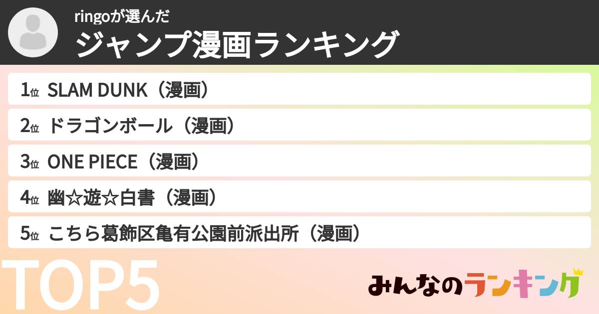 ringoさんの「ジャンプ漫画ランキング」