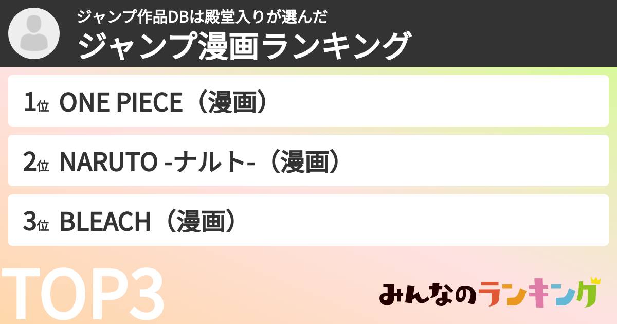 ジャンプ作品DBは殿堂入りさんの「ジャンプ漫画ランキング」