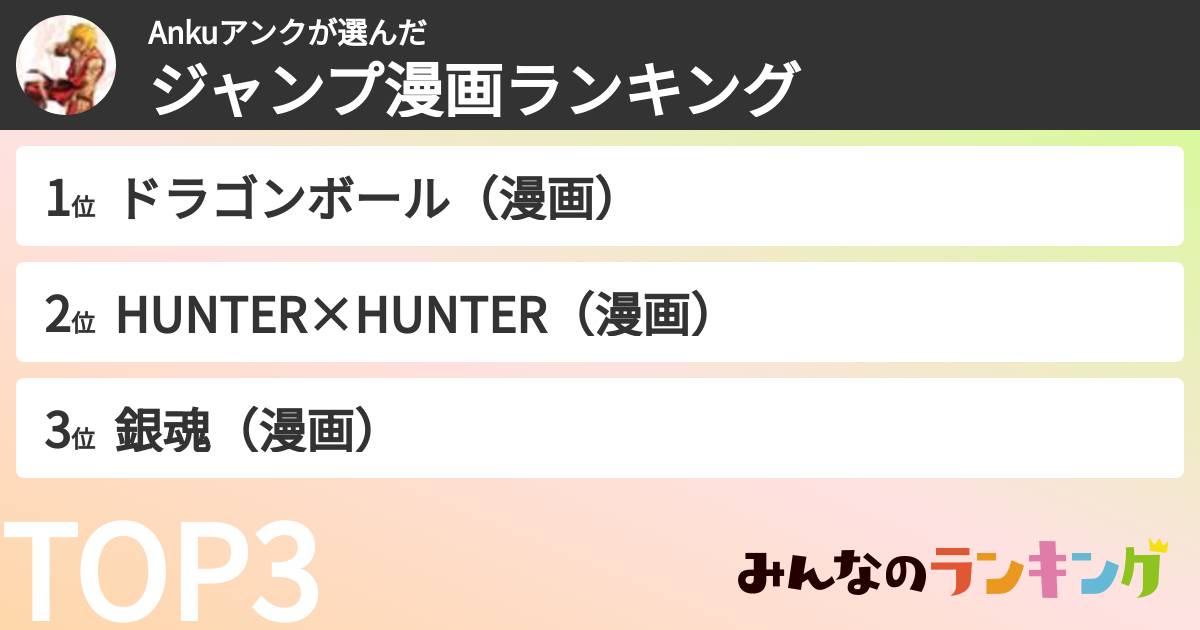 Ankuアンクさんの「ジャンプ漫画ランキング」