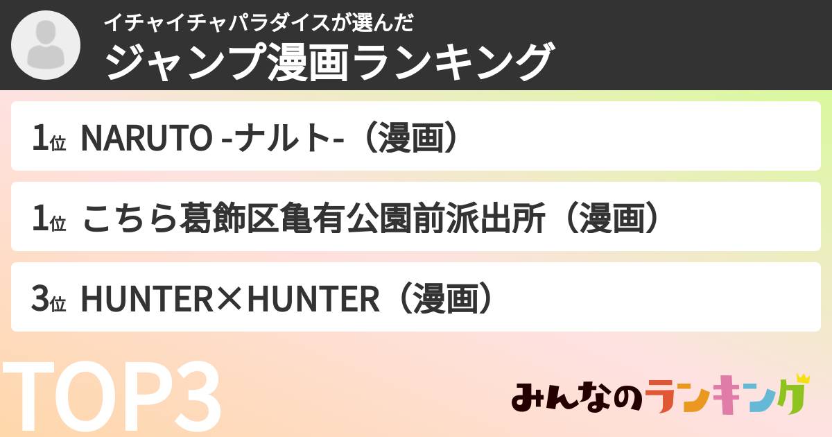 イチャイチャパラダイスさんの「ジャンプ漫画ランキング」