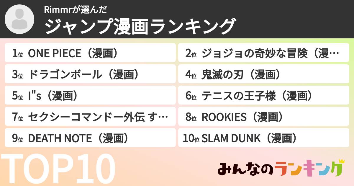 Rimmrさんの「ジャンプ漫画ランキング」