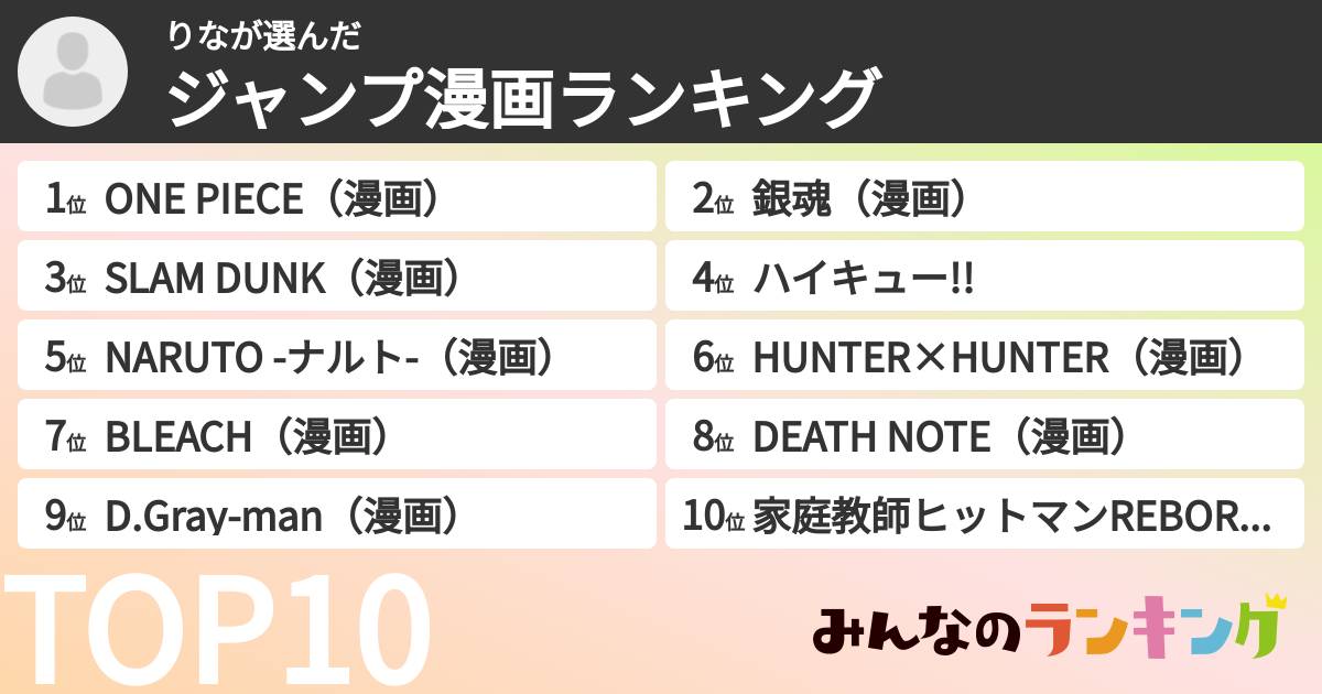 りなさんの「ジャンプ漫画ランキング」