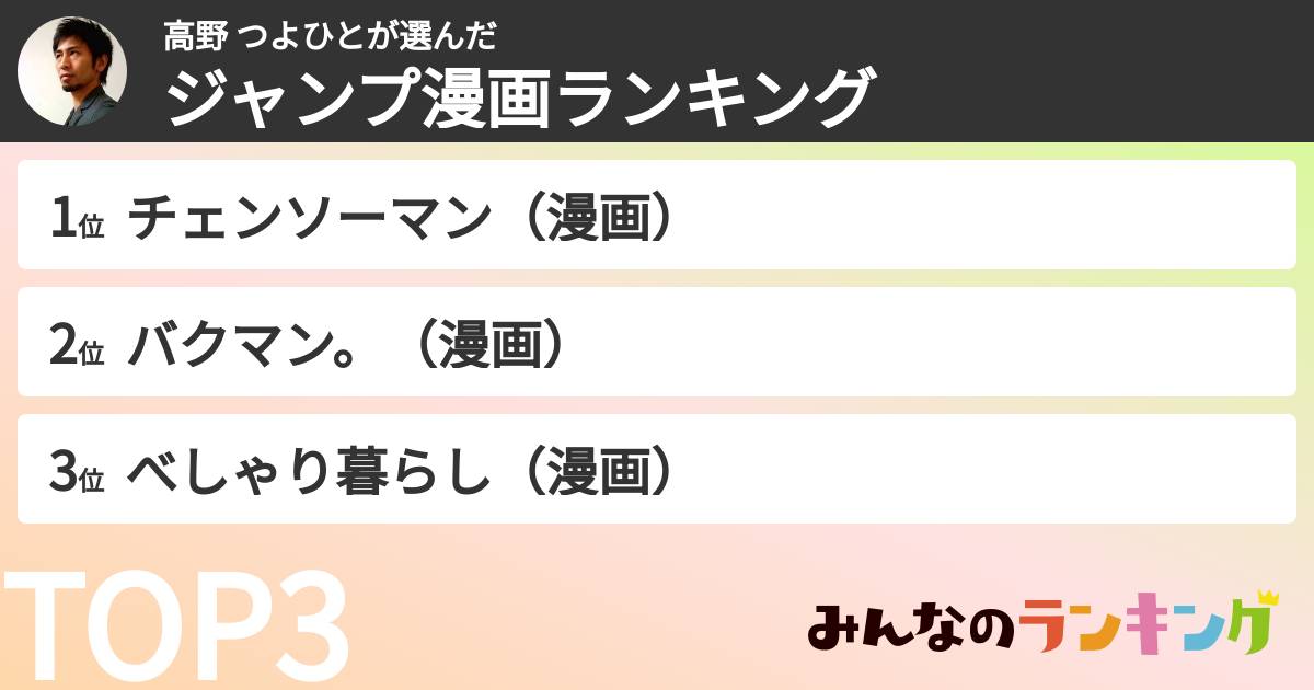 高野 つよひとさんの「ジャンプ漫画ランキング」
