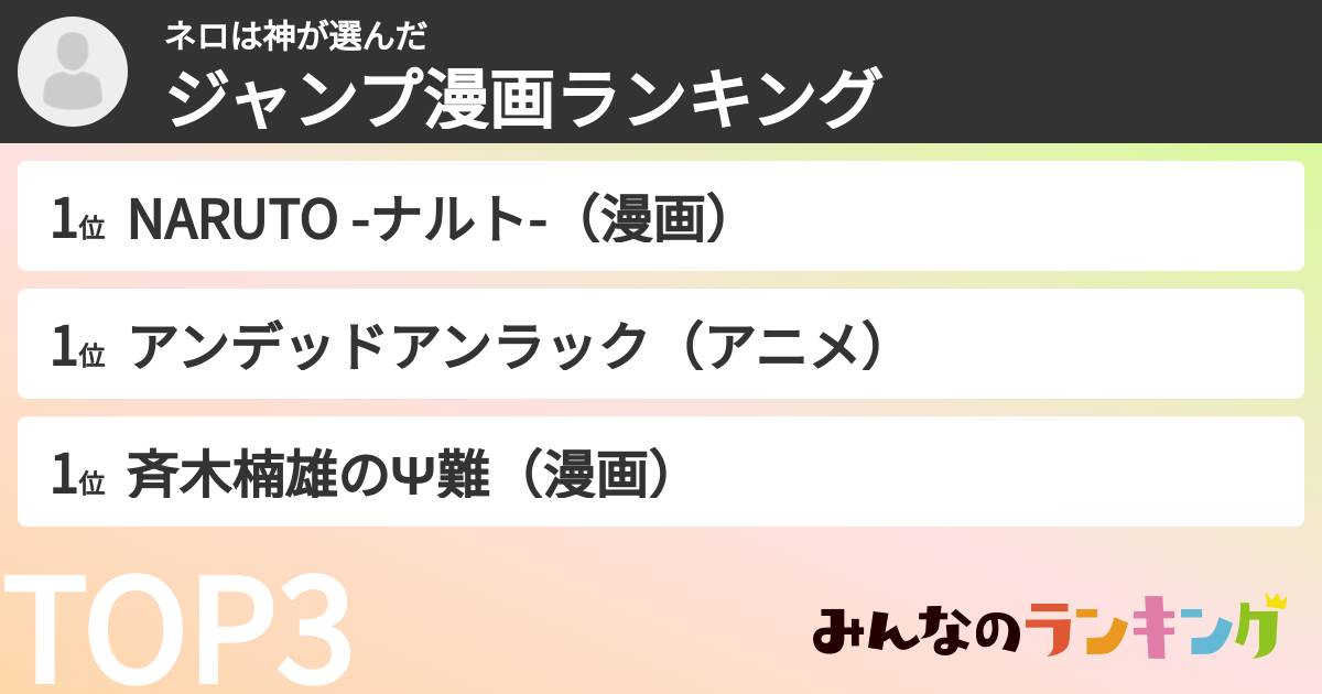 ネロは神さんの「ジャンプ漫画ランキング」