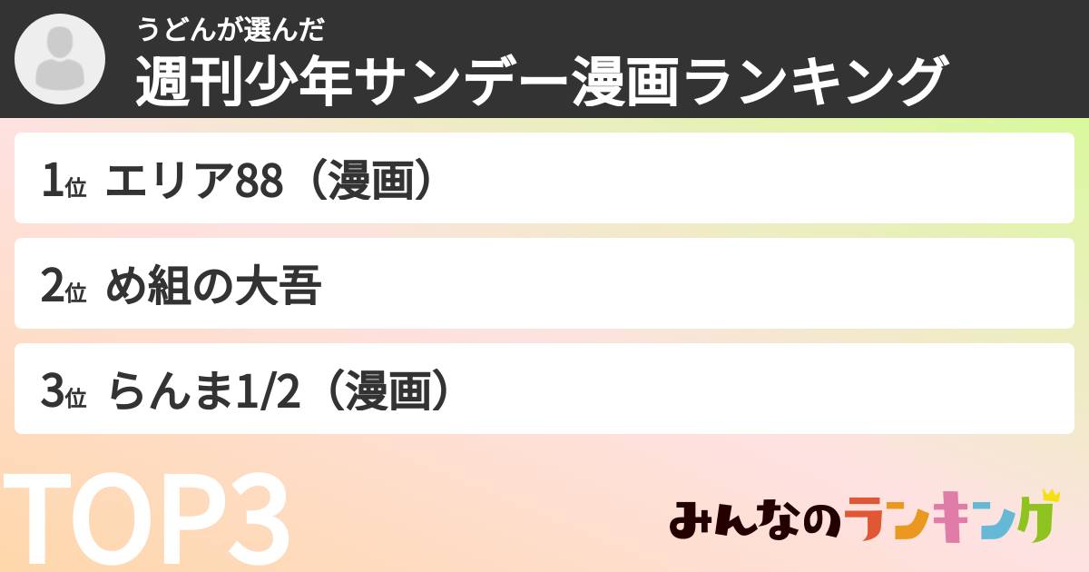 うどんさんの「週刊少年サンデー漫画ランキング」