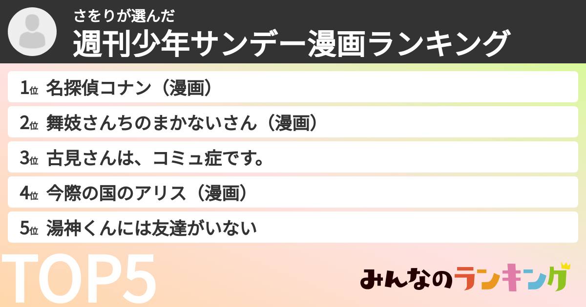 さをりさんの「週刊少年サンデー漫画ランキング」