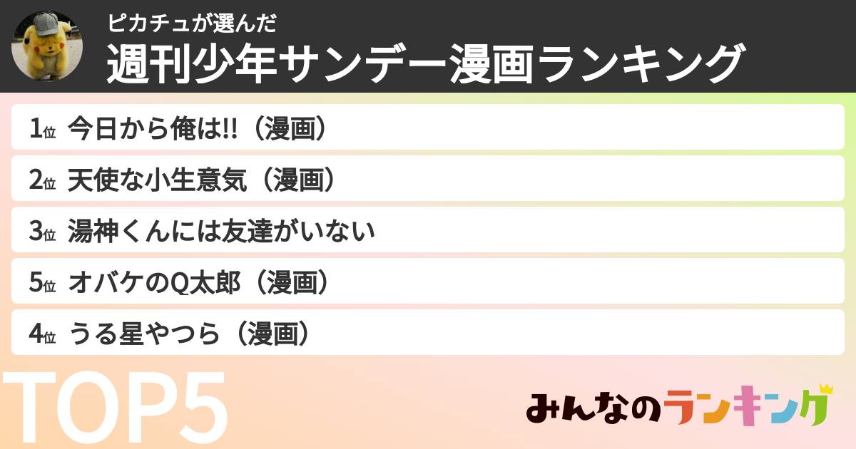 ピカチュさんの「週刊少年サンデー漫画ランキング」