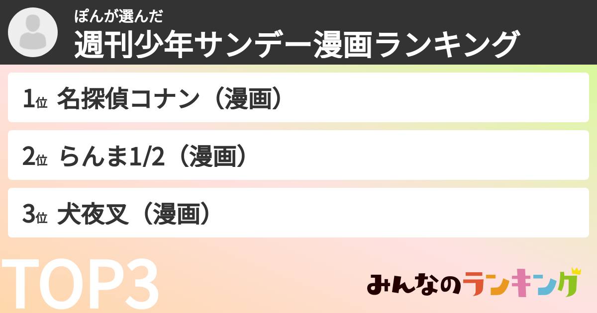 ぽんさんの「週刊少年サンデー漫画ランキング」