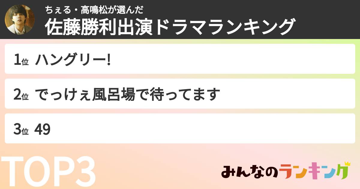 ちぇる・高鳴松さんの「佐藤勝利出演ドラマランキング」