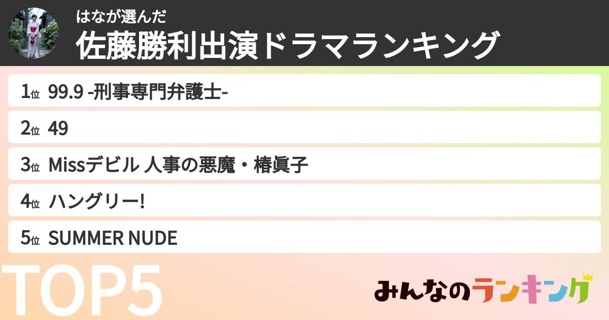 はなさんの「佐藤勝利出演ドラマランキング」