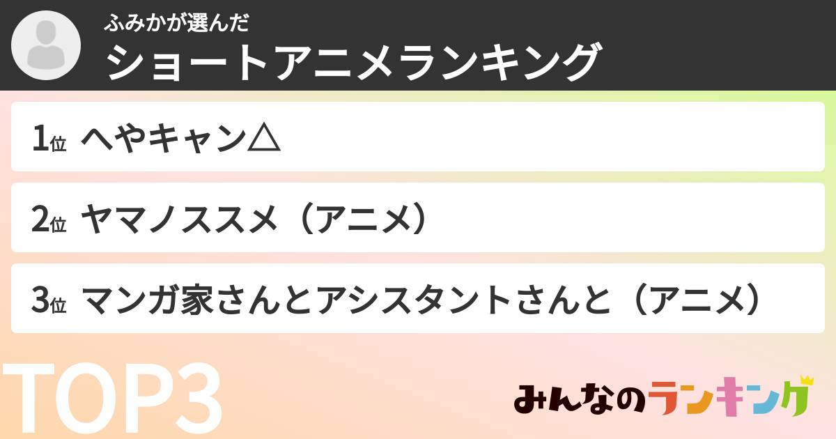 ふみかさんの「ショートアニメランキング」
