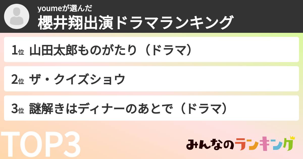 youmeさんの「櫻井翔出演ドラマランキング」