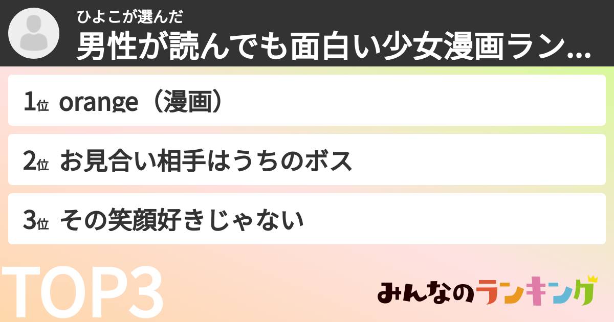 ひよこさんの「男性が読んでも面白い少女漫画ランキング」