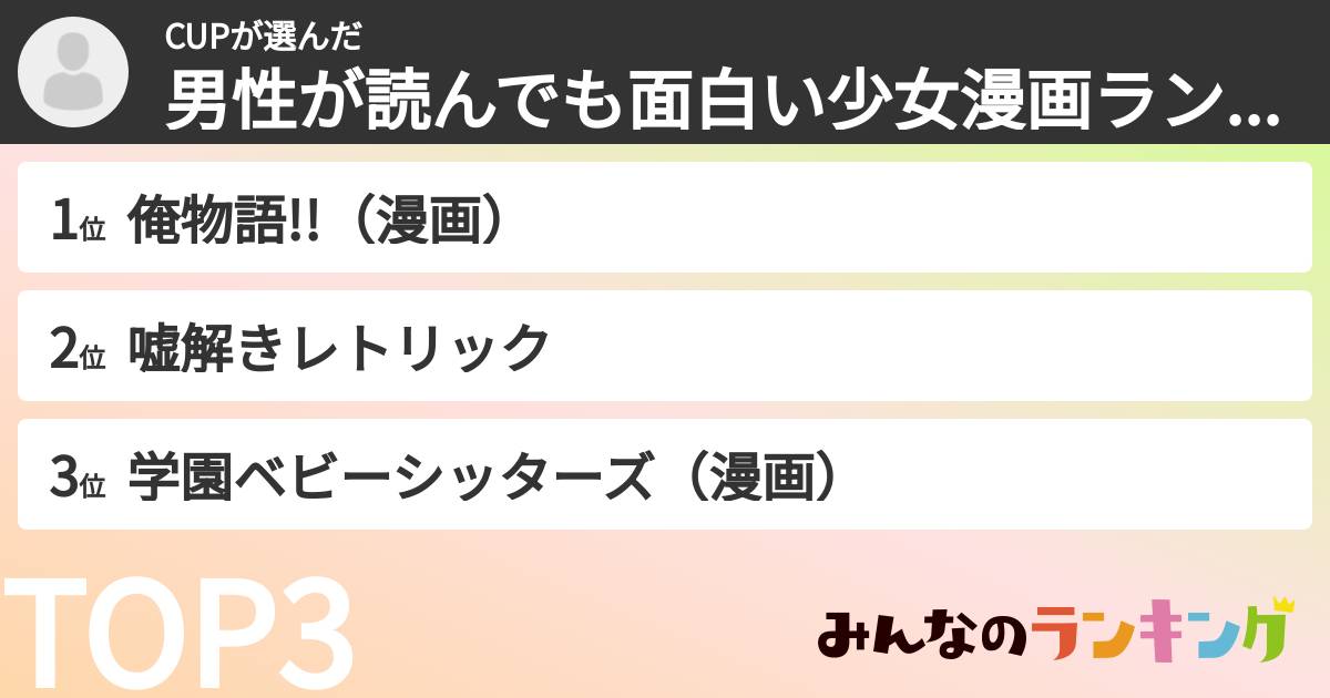 CUPさんの「男性が読んでも面白い少女漫画ランキング」