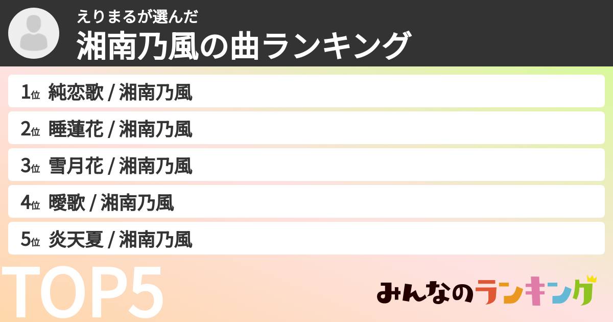 えりまるさんの「湘南乃風の曲ランキング」