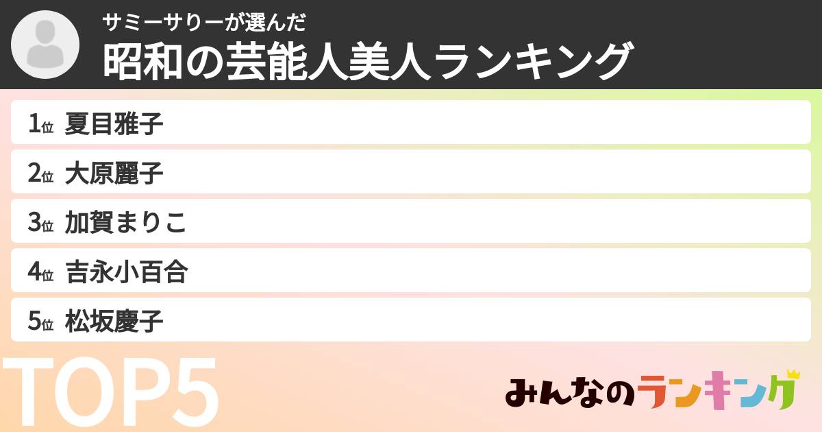 サミーサりーさんの「昭和の芸能人美人ランキング」