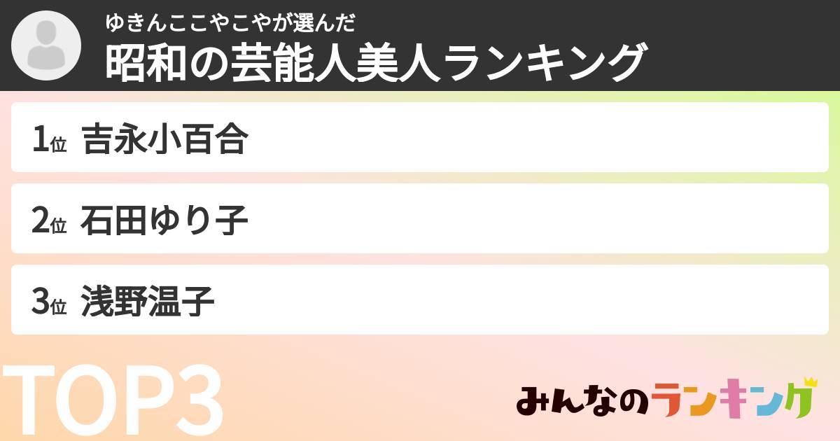 ゆきんここやこやさんの「昭和の芸能人美人ランキング」
