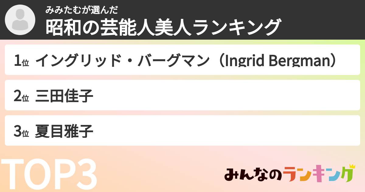 みみたむさんの「昭和の芸能人美人ランキング」