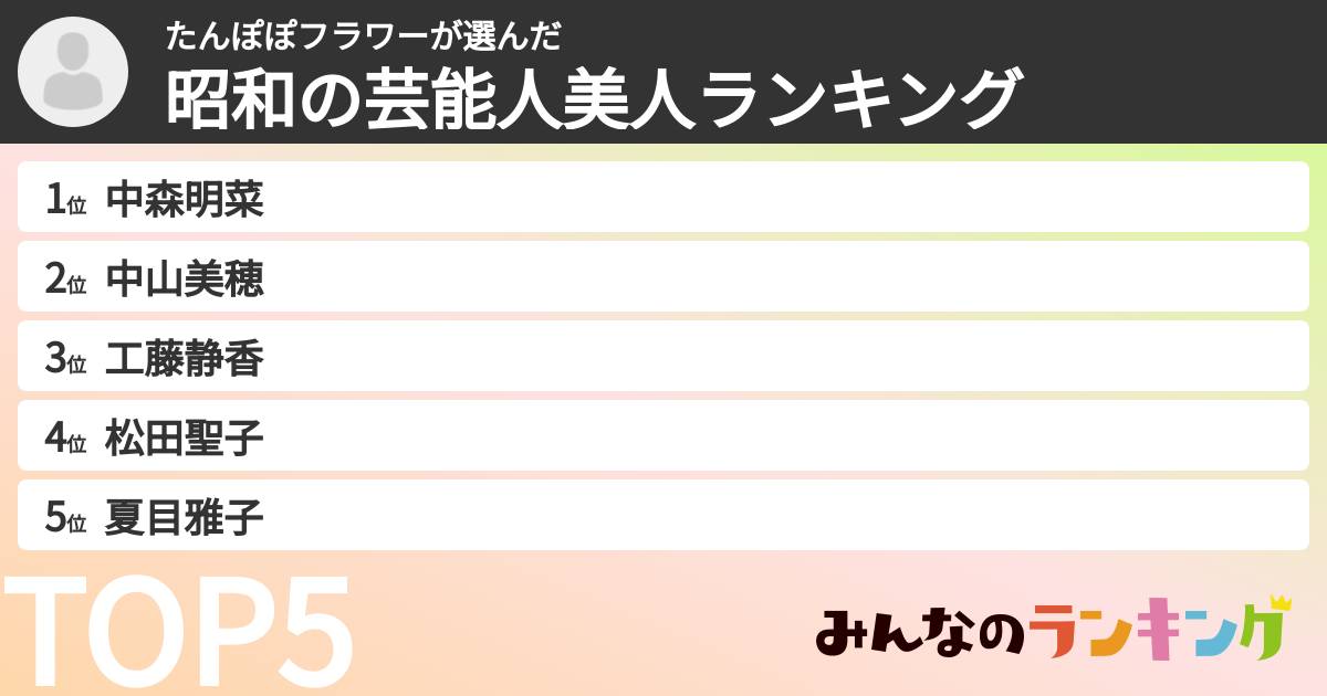 たんぽぽフラワーさんの「昭和の芸能人美人ランキング」