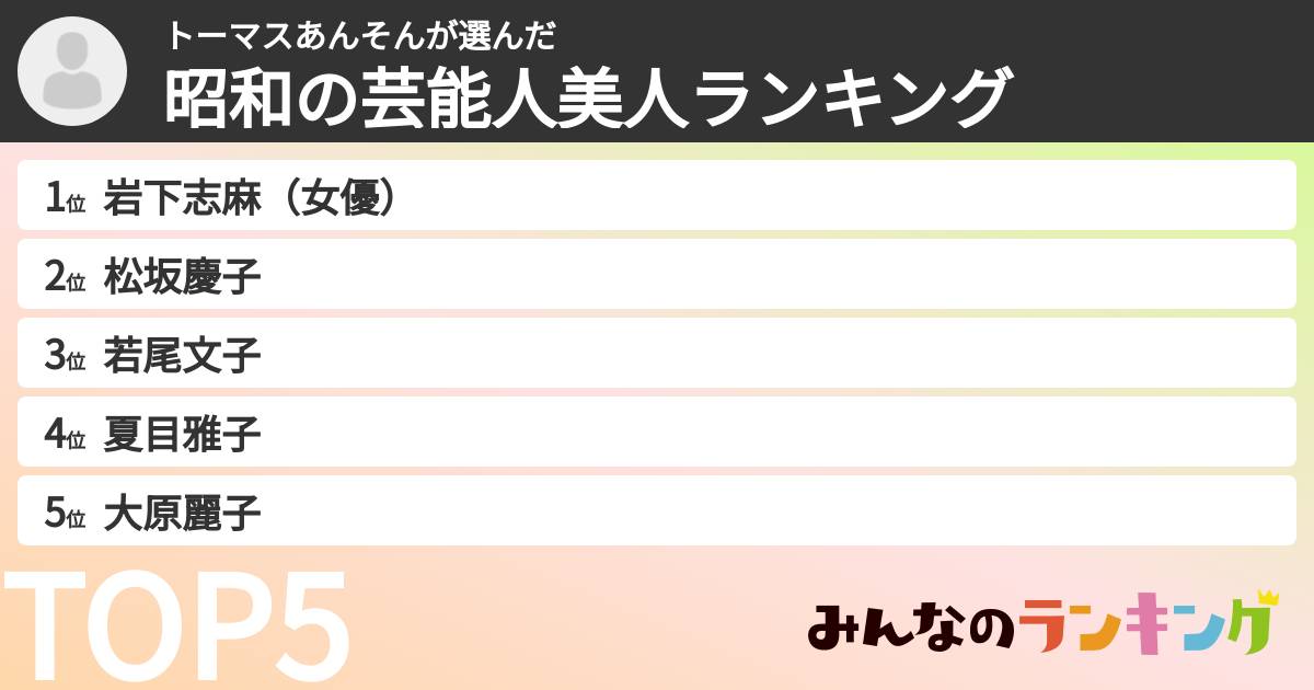 トーマスあんそんさんの「昭和の芸能人美人ランキング」