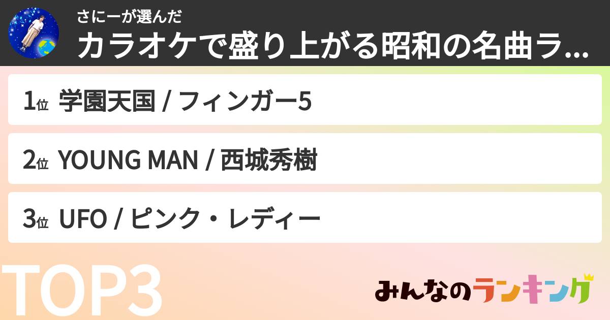 さにーさんの「カラオケで盛り上がる昭和の名曲ランキング」
