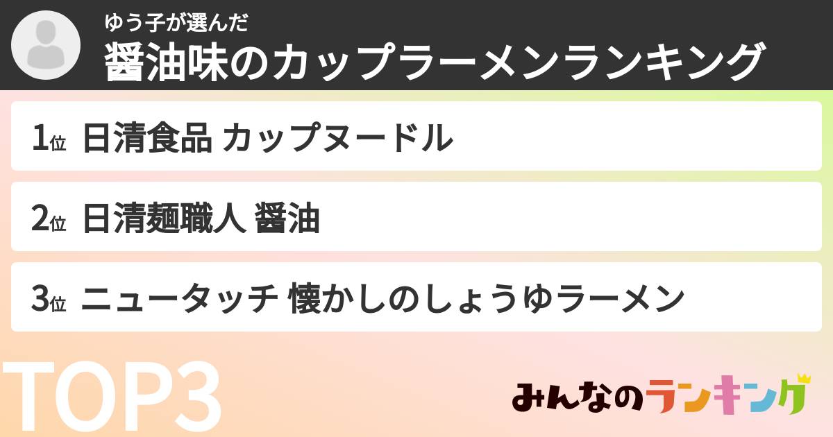 ゆう子さんの「醤油味のカップラーメンランキング」