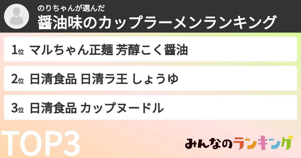 のりちゃんさんの「醤油味のカップラーメンランキング」