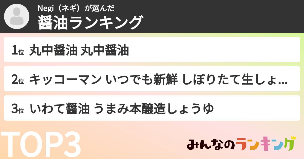 Negi（ネギ）さんの「醤油ランキング」