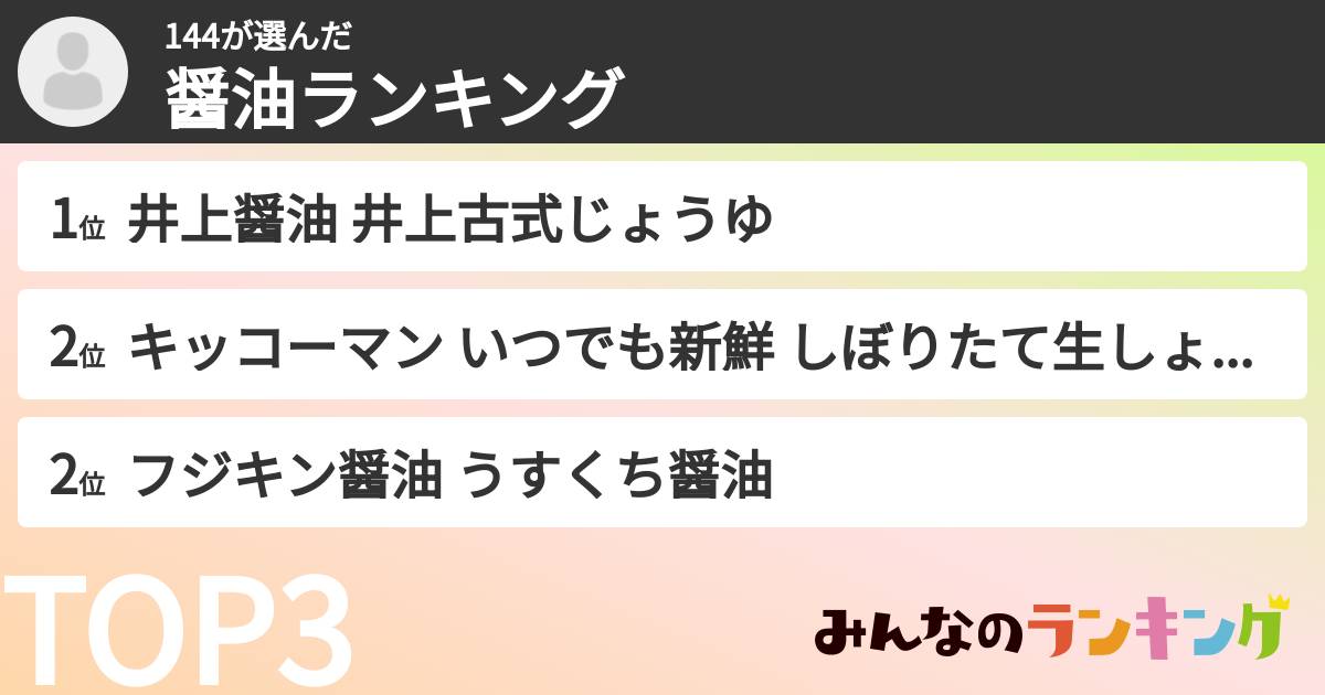 144さんの「醤油ランキング」