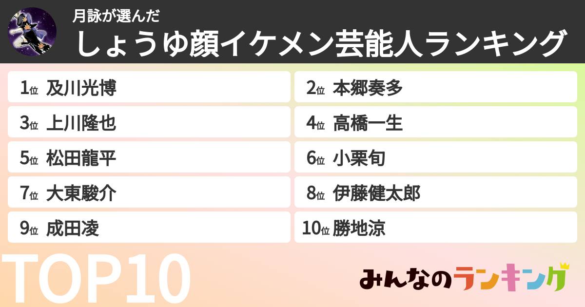 月詠さんの「しょうゆ顔イケメン芸能人ランキング」