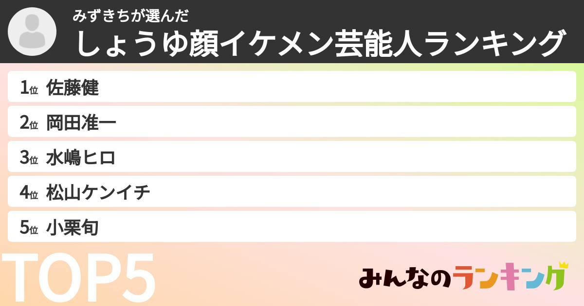 みずきちさんの「しょうゆ顔イケメン芸能人ランキング」