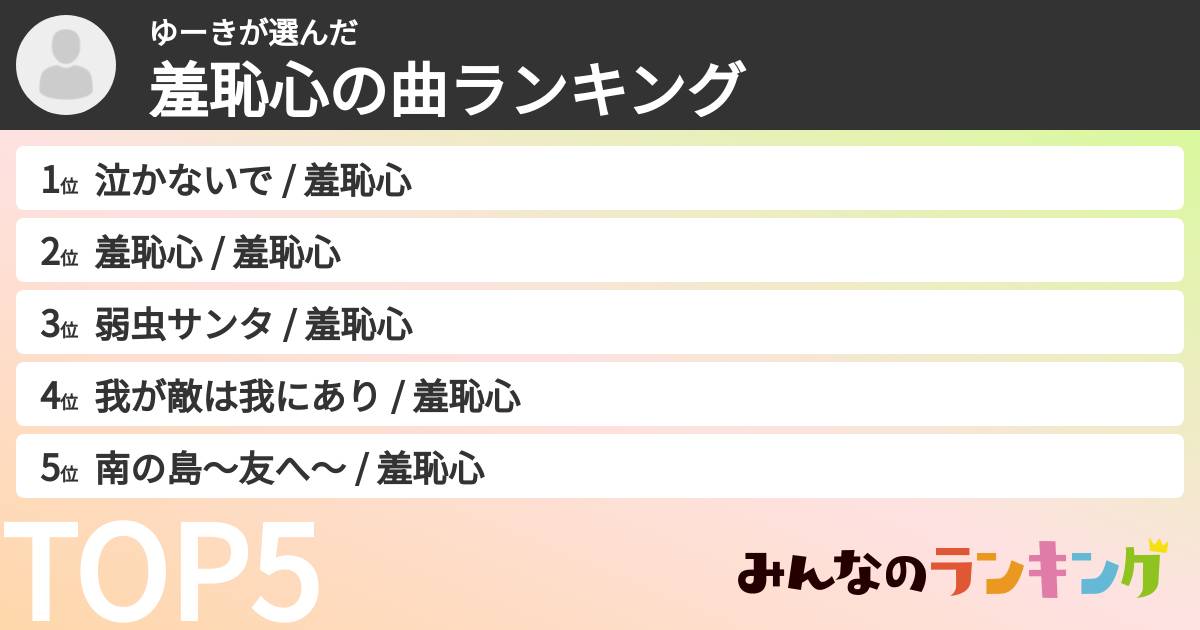 ゆーきさんの「羞恥心の曲ランキング」