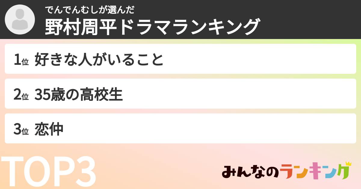 でんでんむしさんの「野村周平ドラマランキング」