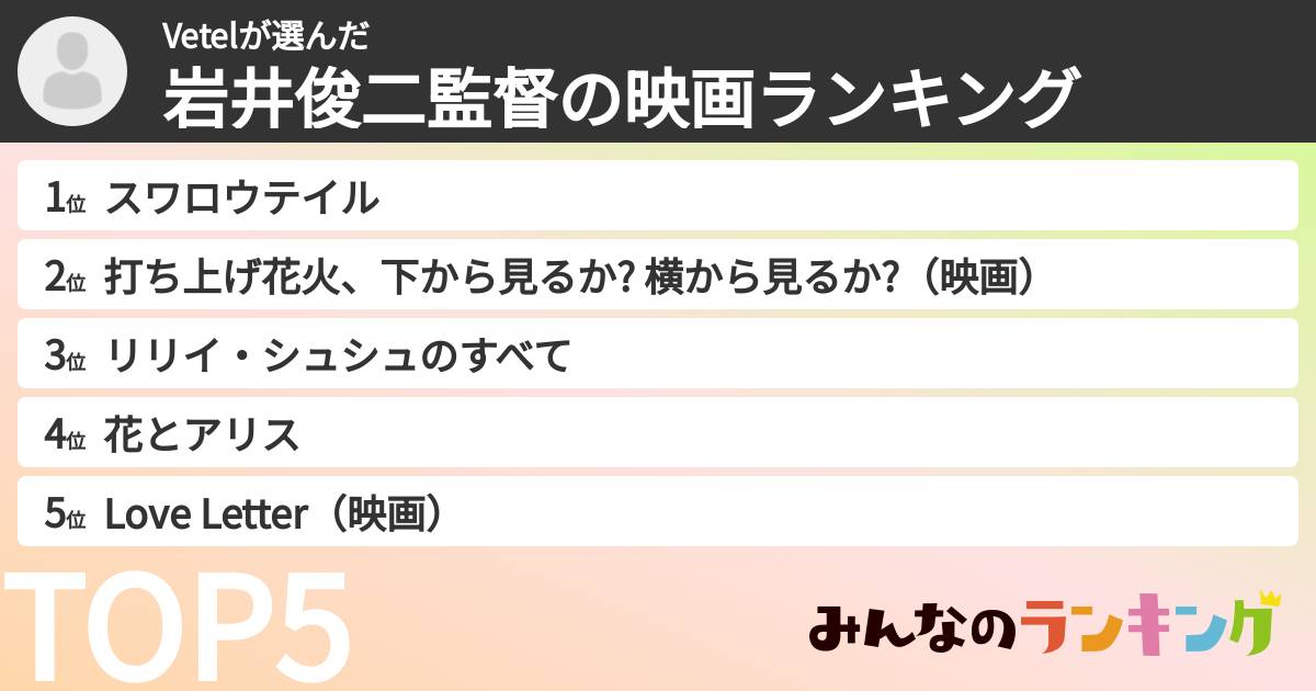 Vetelさんの「岩井俊二監督の映画ランキング」
