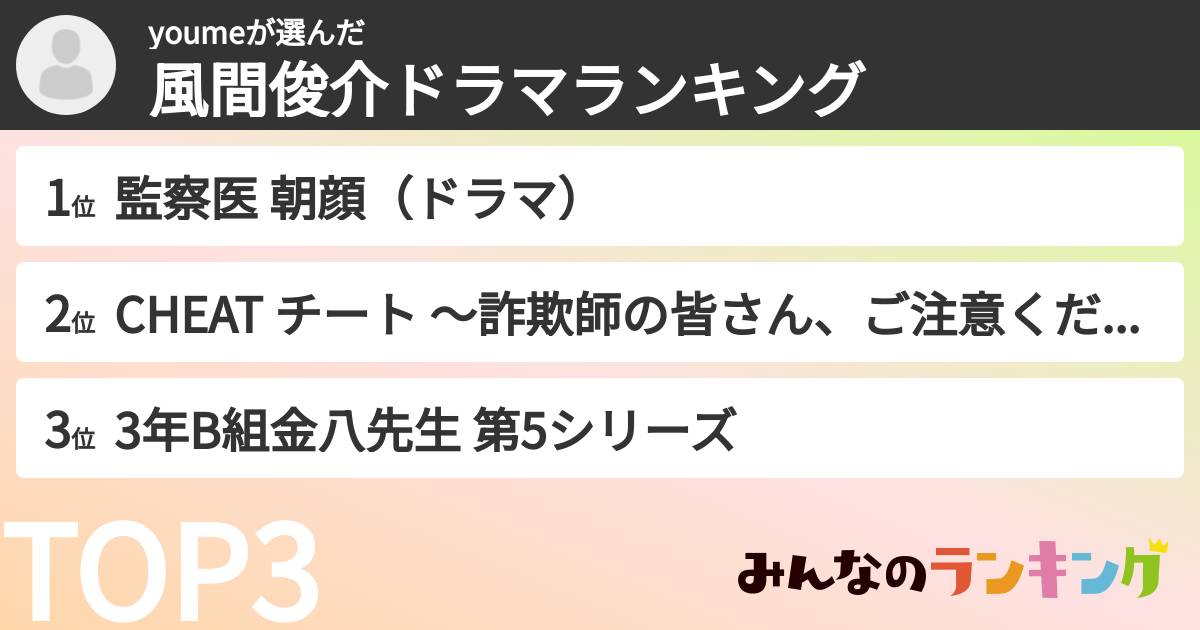 youmeさんの「風間俊介ドラマランキング」